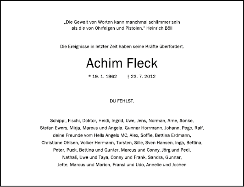  Traueranzeige für Achim Fleck vom 04.08.2012 aus Kieler Nachrichten / Segeberger Zeitung