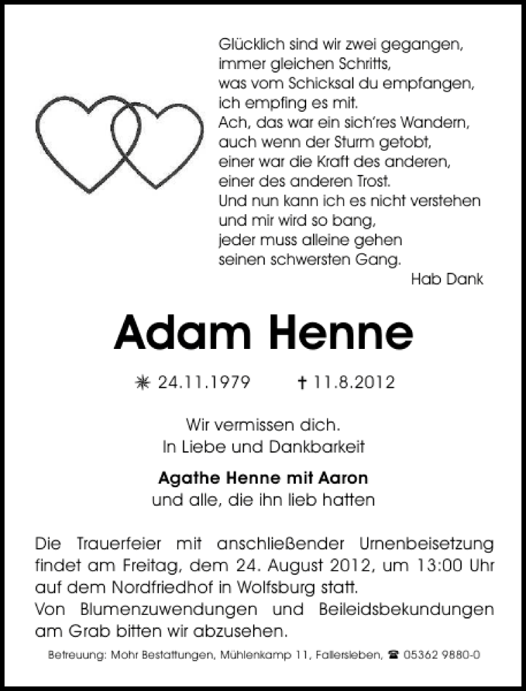  Traueranzeige für Adam Henne vom 15.08.2012 aus Aller Zeitung / Wolfsburger Allgemeine