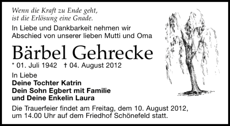  Traueranzeige für Bärbel Gehrecke vom 08.08.2012 aus Leipziger Volkszeitung