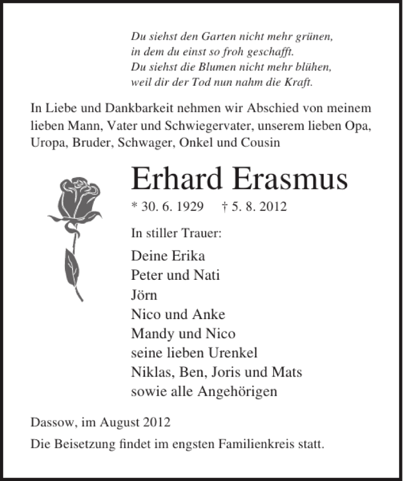  Traueranzeige für Erhard Erasmus vom 08.08.2012 aus Ostsee-Zeitung