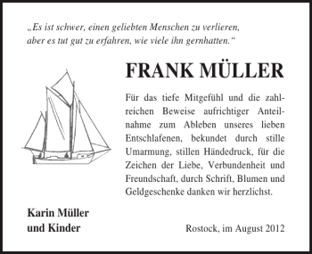 Traueranzeige von FRANK MÜLLER von Ostsee-Zeitung