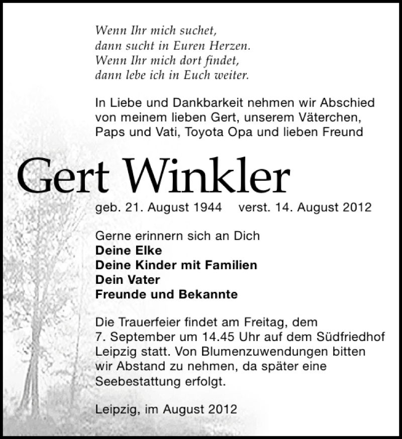  Traueranzeige für Gert Winkler vom 18.08.2012 aus Leipziger Volkszeitung