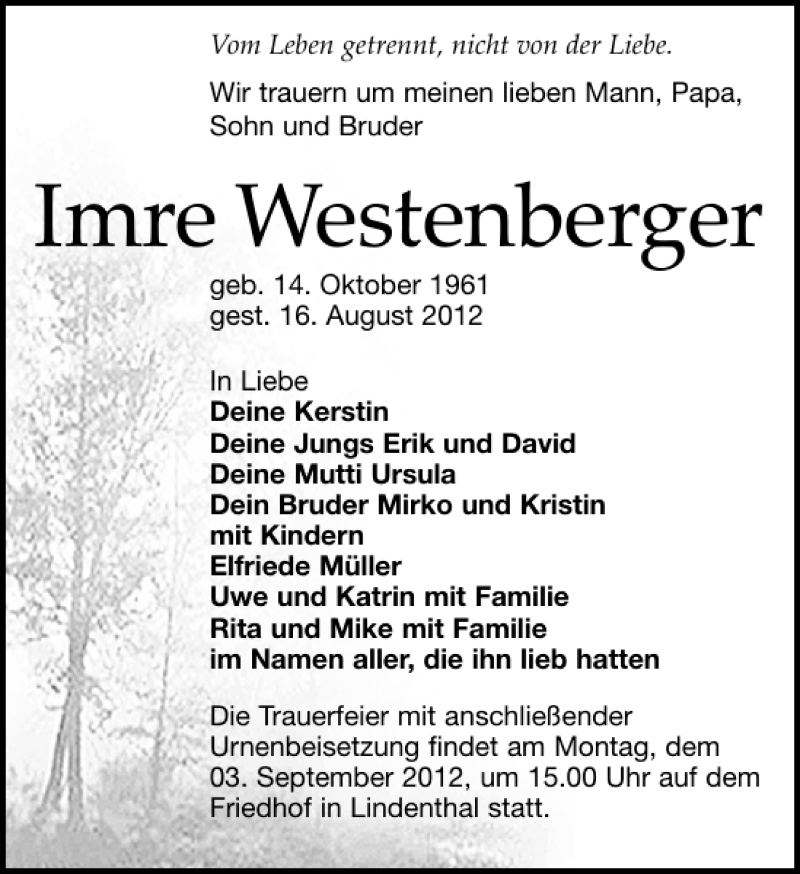  Traueranzeige für Imre Westenberger vom 25.08.2012 aus Leipziger Volkszeitung