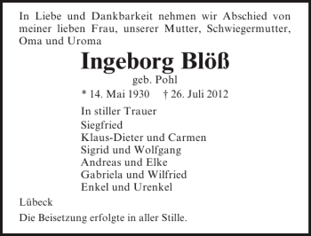 Traueranzeige von Ingeborg Blöß von Lübecker Nachrichten