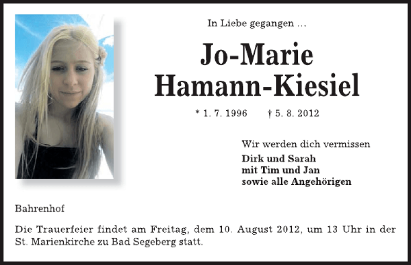  Traueranzeige für Jo-Marie Hamann-Kiesiel vom 08.08.2012 aus Kieler Nachrichten / Segeberger Zeitung