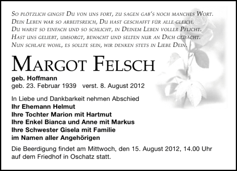  Traueranzeige für Margot Felsch vom 11.08.2012 aus Leipziger Volkszeitung