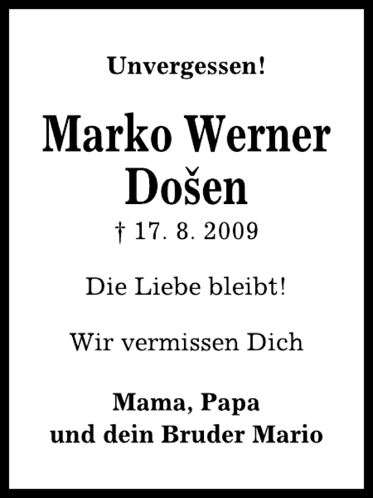  Traueranzeige für Marko Werner Dosen vom 17.08.2012 aus Kieler Nachrichten / Segeberger Zeitung