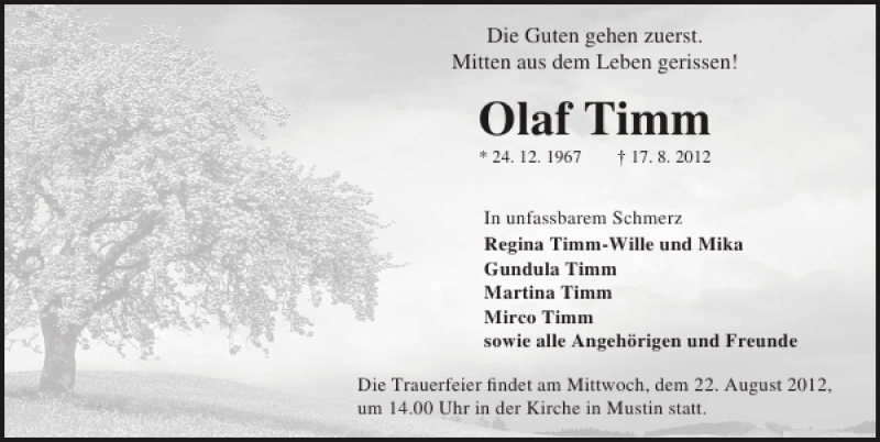  Traueranzeige für Olaf Timm vom 19.08.2012 aus Lübecker Nachrichten