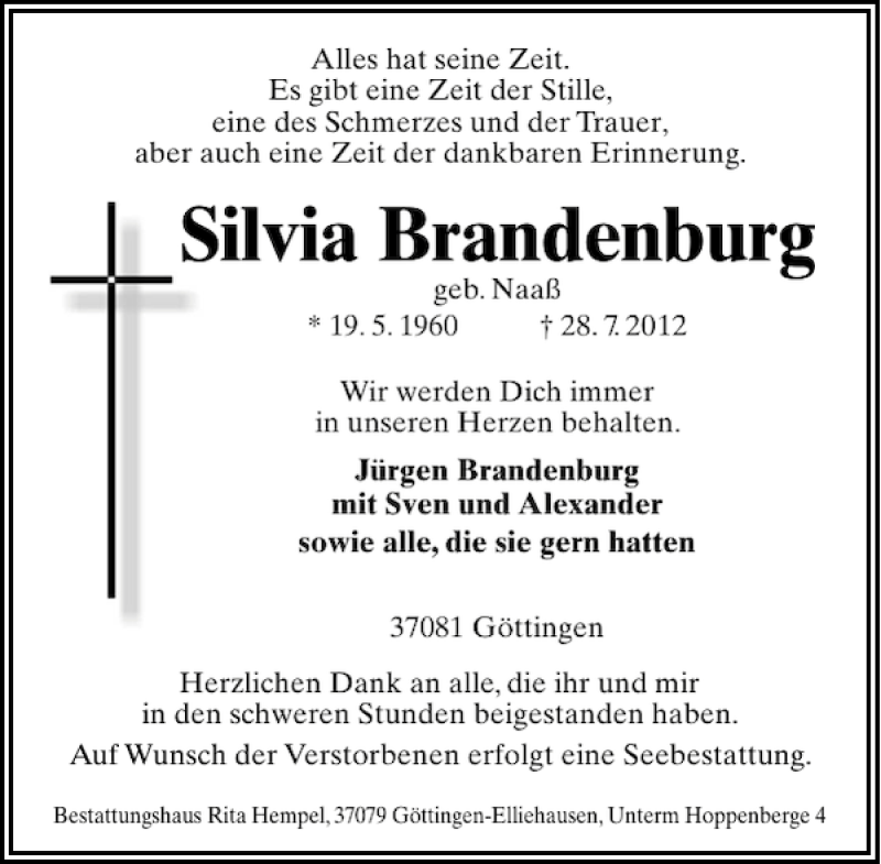  Traueranzeige für Silvia Brandenburg vom 08.08.2012 aus Göttinger Tageblatt