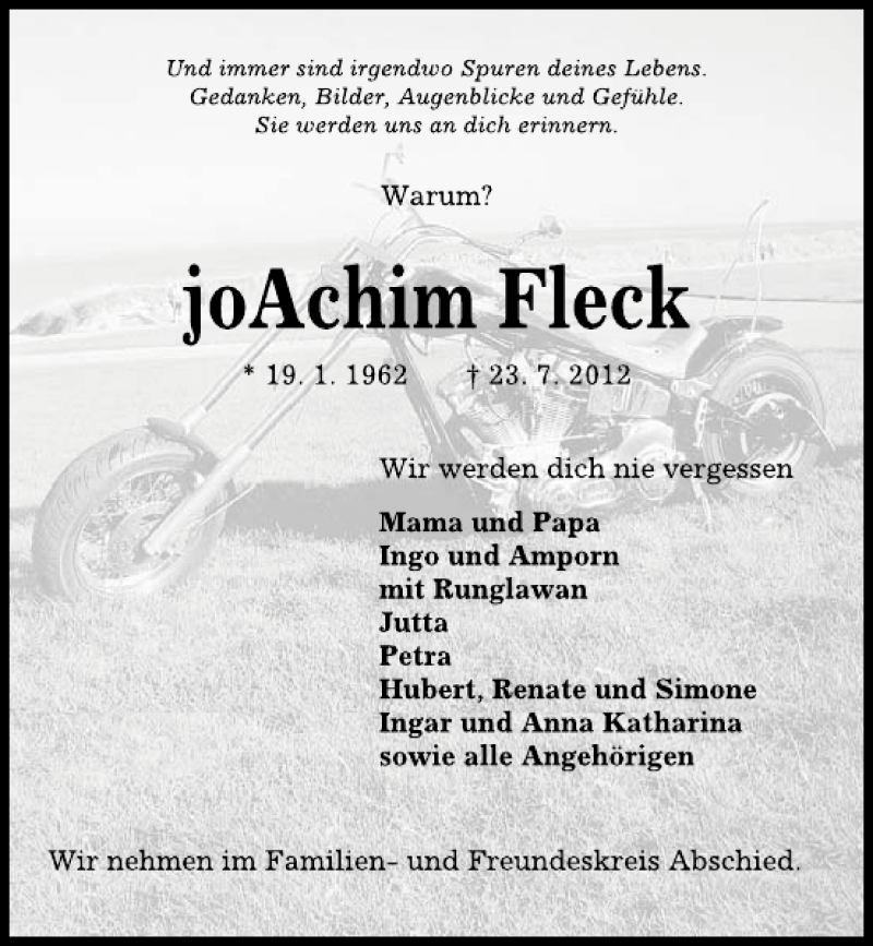  Traueranzeige für joAchim Fleck vom 01.08.2012 aus Kieler Nachrichten / Segeberger Zeitung