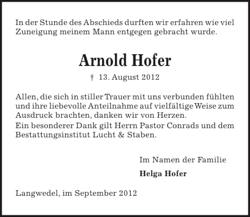  Traueranzeige für Arnold Hofer vom 08.09.2012 aus Kieler Nachrichten / Segeberger Zeitung