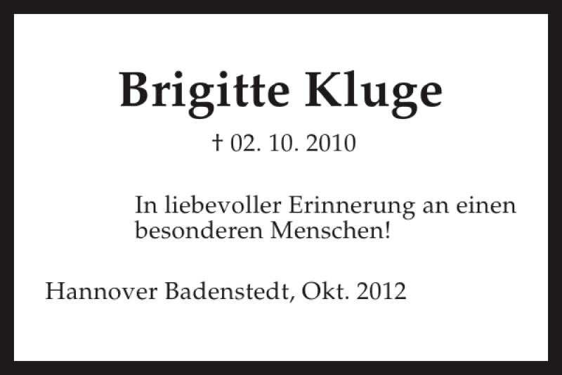  Traueranzeige für Brigitte Kluge vom 29.09.2012 aus HAZ/NP