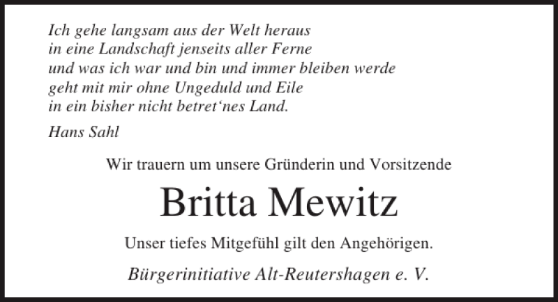  Traueranzeige für Britta Mewitz vom 29.09.2012 aus Ostsee-Zeitung