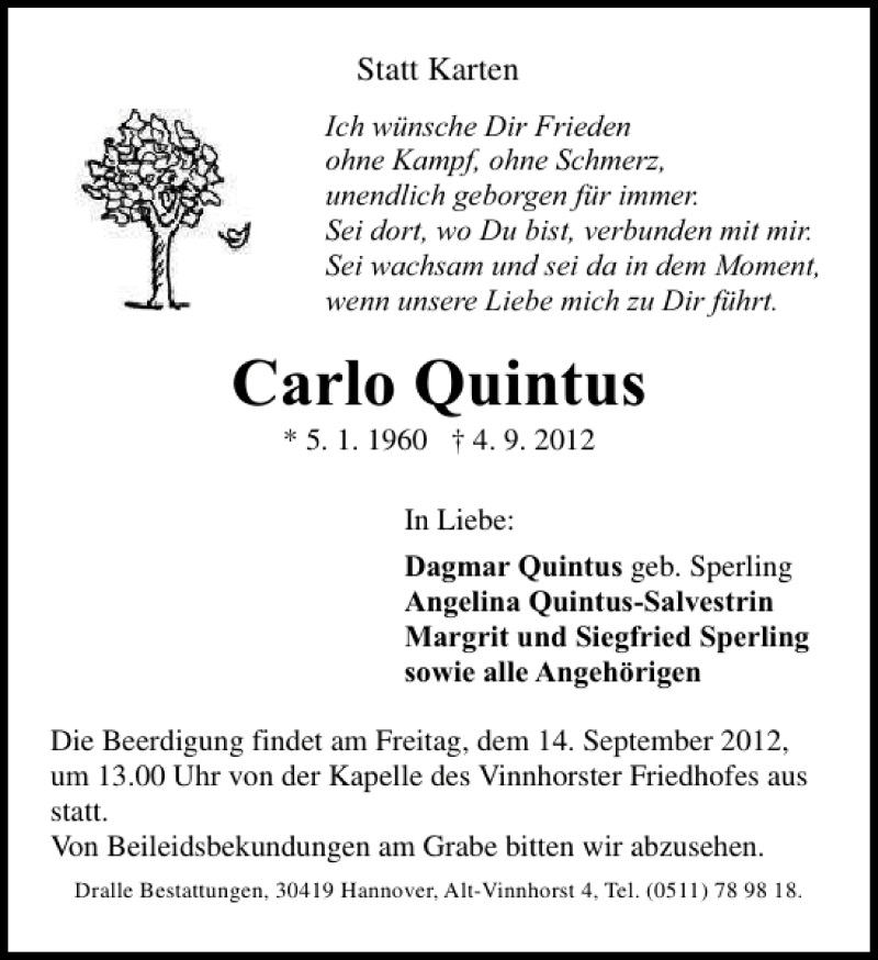  Traueranzeige für Carlo Quintus vom 08.09.2012 aus HAZ/NP