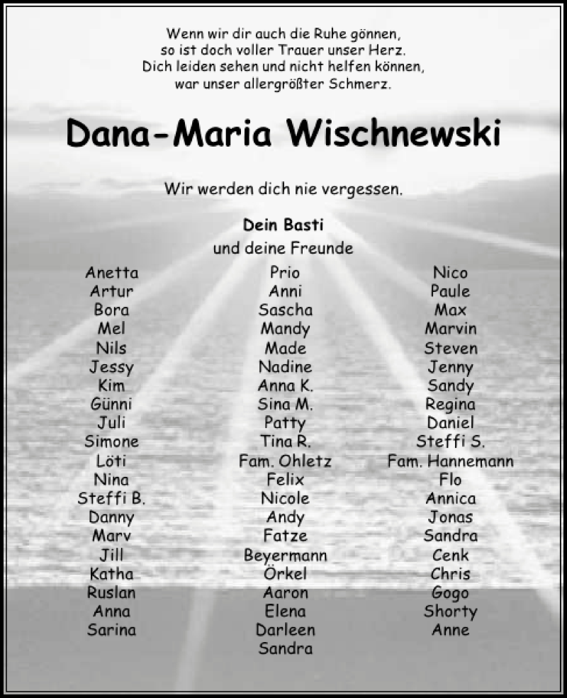  Traueranzeige für Dana-Maria Wischnewski vom 20.09.2012 aus Aller Zeitung / Wolfsburger Allgemeine
