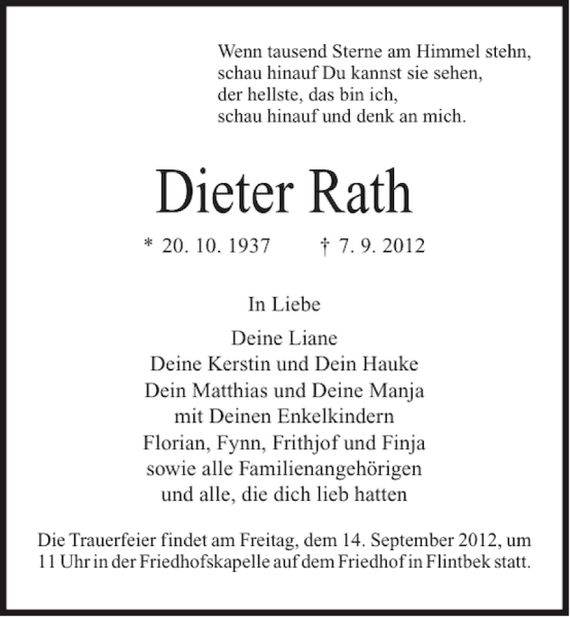  Traueranzeige für Dieter Rath vom 12.09.2012 aus Kieler Nachrichten / Segeberger Zeitung