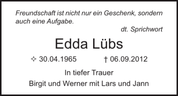 Traueranzeige von Edda Lübs von Ostsee-Zeitung