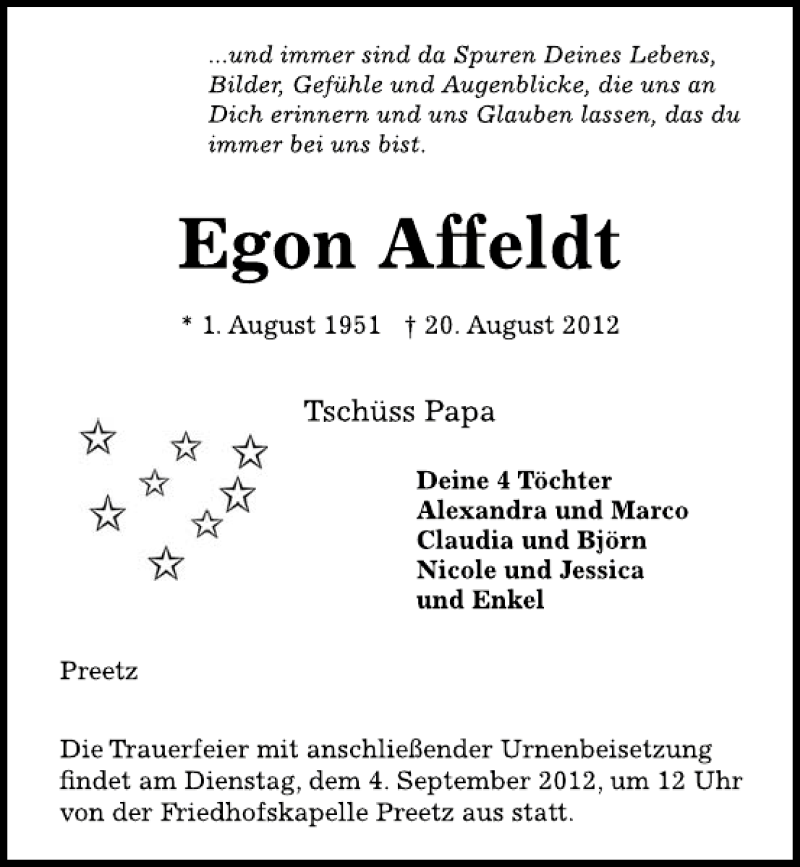  Traueranzeige für Egon Affeldt vom 01.09.2012 aus Kieler Nachrichten / Segeberger Zeitung