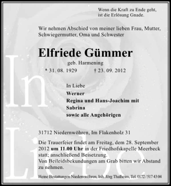 Traueranzeige von Elfriede Gümmer von Schaumburger Nachrichten
