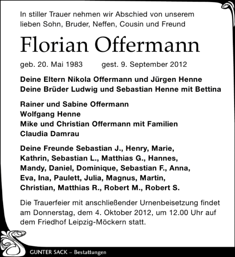  Traueranzeige für Florian Offermann vom 29.09.2012 aus Leipziger Volkszeitung