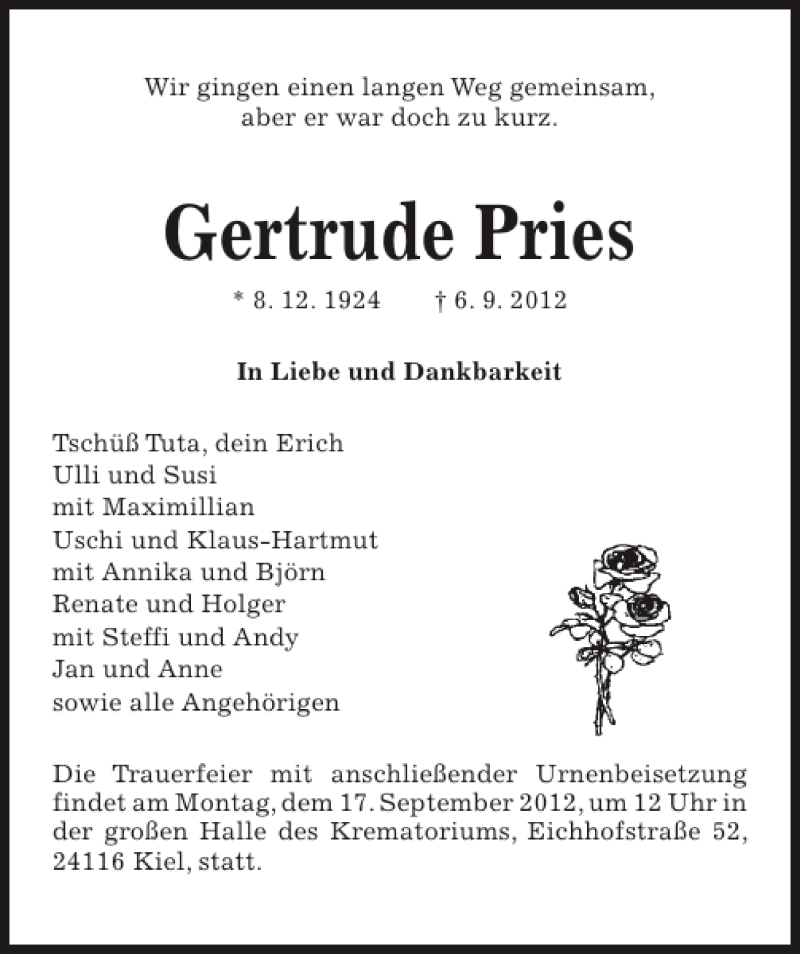  Traueranzeige für Gertrude Pries vom 12.09.2012 aus Kieler Nachrichten / Segeberger Zeitung