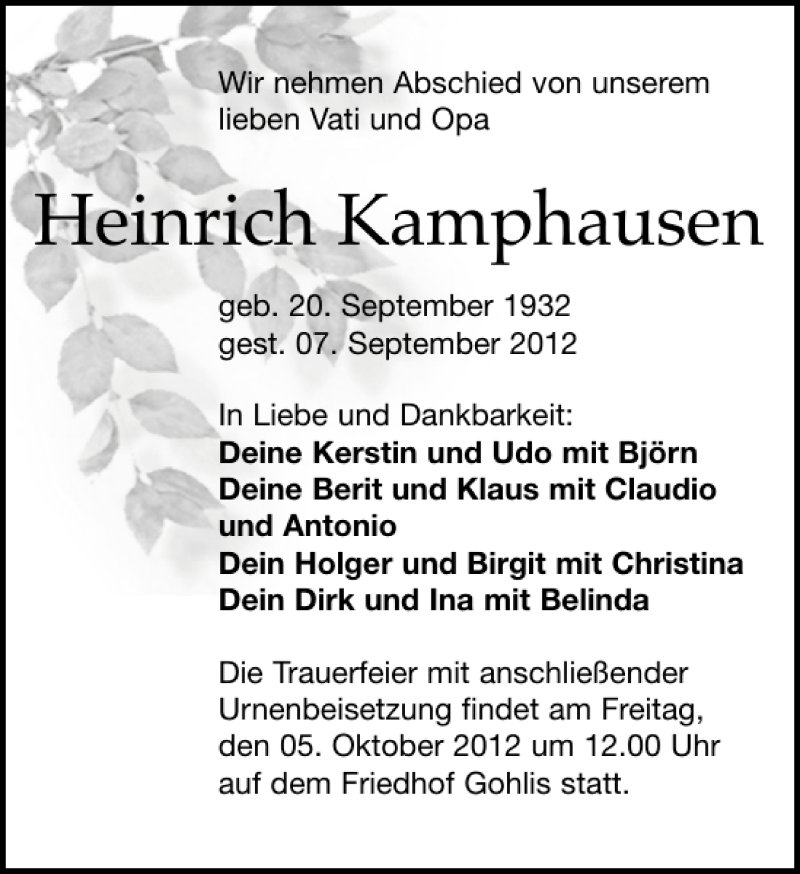  Traueranzeige für Heinrich Kamphausen vom 22.09.2012 aus Leipziger Volkszeitung