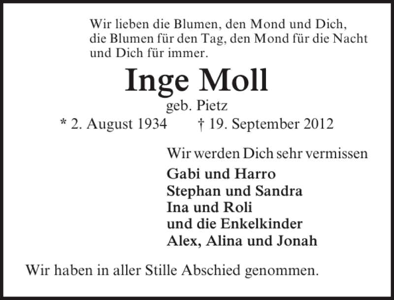  Traueranzeige für Inge Moll vom 30.09.2012 aus Lübecker Nachrichten