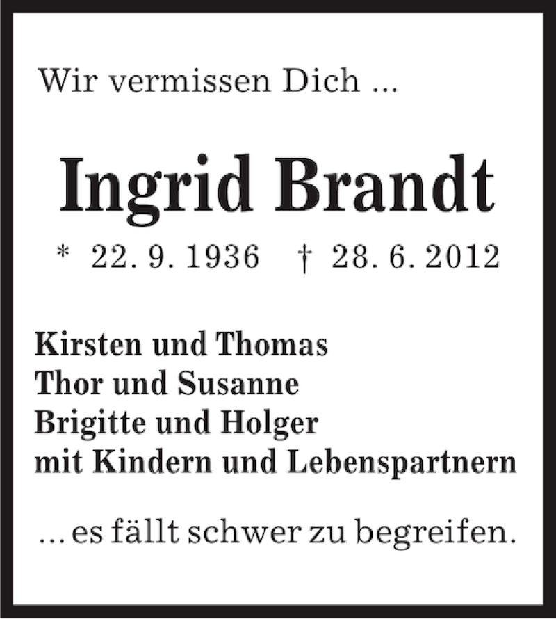  Traueranzeige für Ingrid Brandt vom 22.09.2012 aus Kieler Nachrichten / Segeberger Zeitung