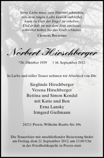 Traueranzeige von Norbert Hirschberger von Schaumburger Nachrichten