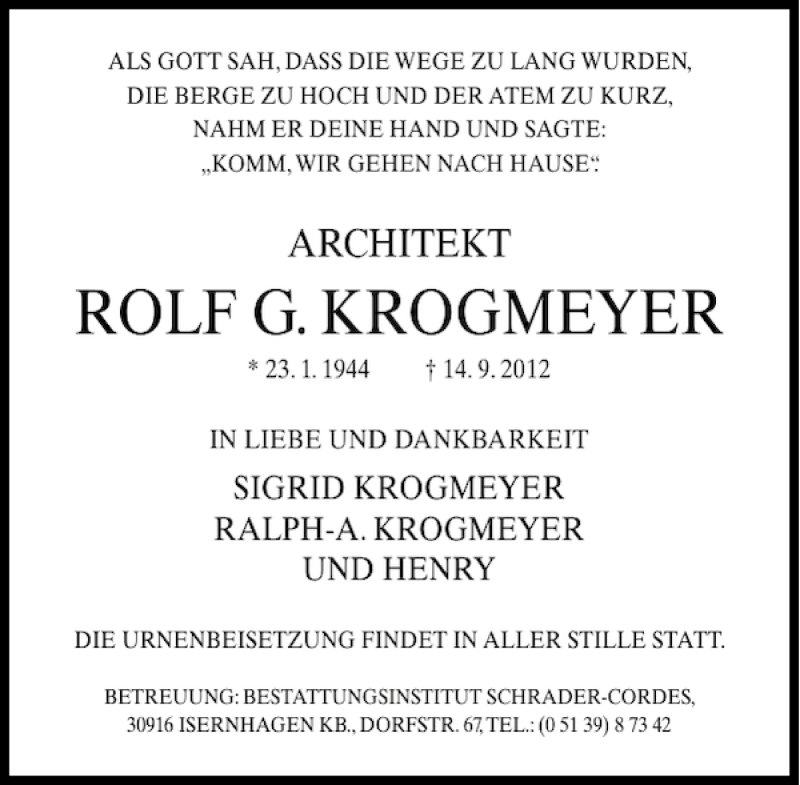  Traueranzeige für Rolf G. Krogmeyer vom 22.09.2012 aus HAZ/NP