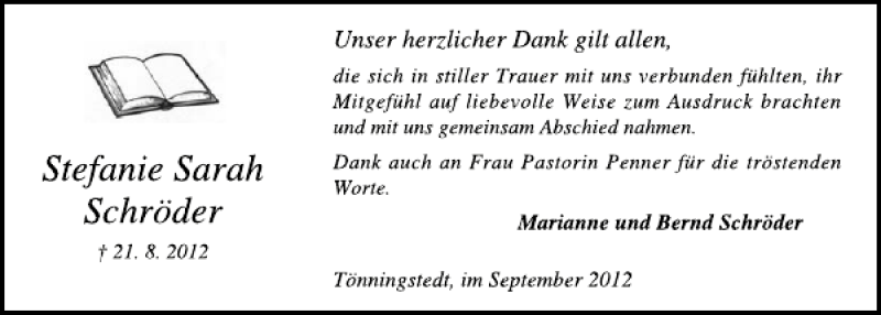  Traueranzeige für Stefanie Sarah Schröder vom 08.09.2012 aus Kieler Nachrichten / Segeberger Zeitung