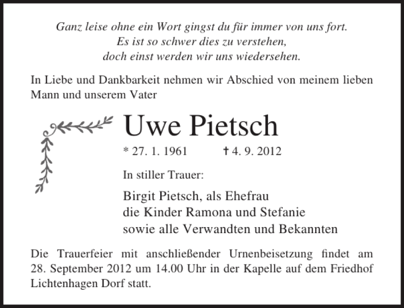  Traueranzeige für Uwe Pietsch vom 15.09.2012 aus Ostsee-Zeitung