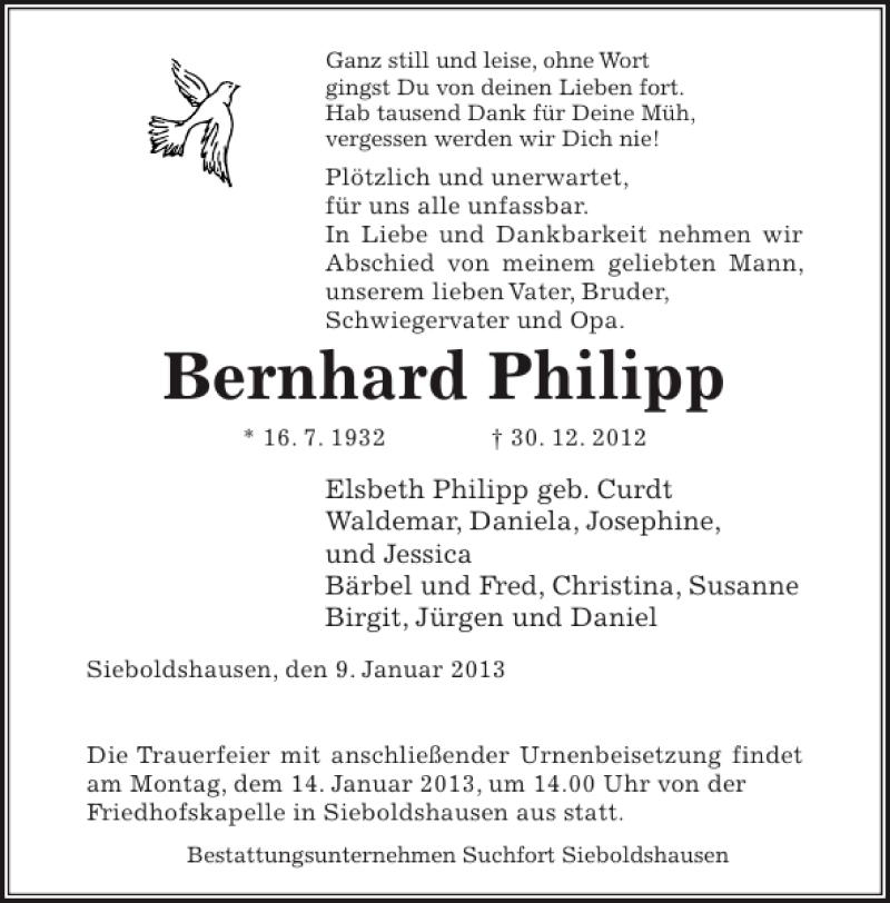  Traueranzeige für Bernhard Philipp vom 09.01.2013 aus Göttinger Tageblatt
