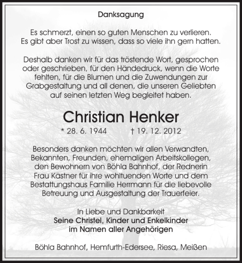  Traueranzeige für Christian Henker vom 11.01.2013 aus Sächsische Zeitung