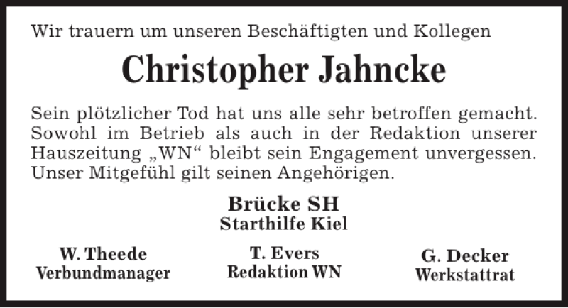  Traueranzeige für Christopher Jahncke vom 12.01.2013 aus Kieler Nachrichten / Segeberger Zeitung