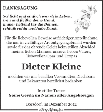 Traueranzeige von Dieter Kleine von Leipziger Volkszeitung