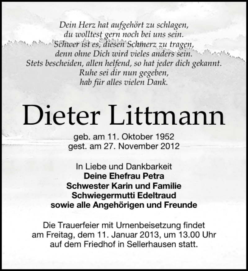  Traueranzeige für Dieter Littmann vom 02.01.2013 aus Leipziger Volkszeitung