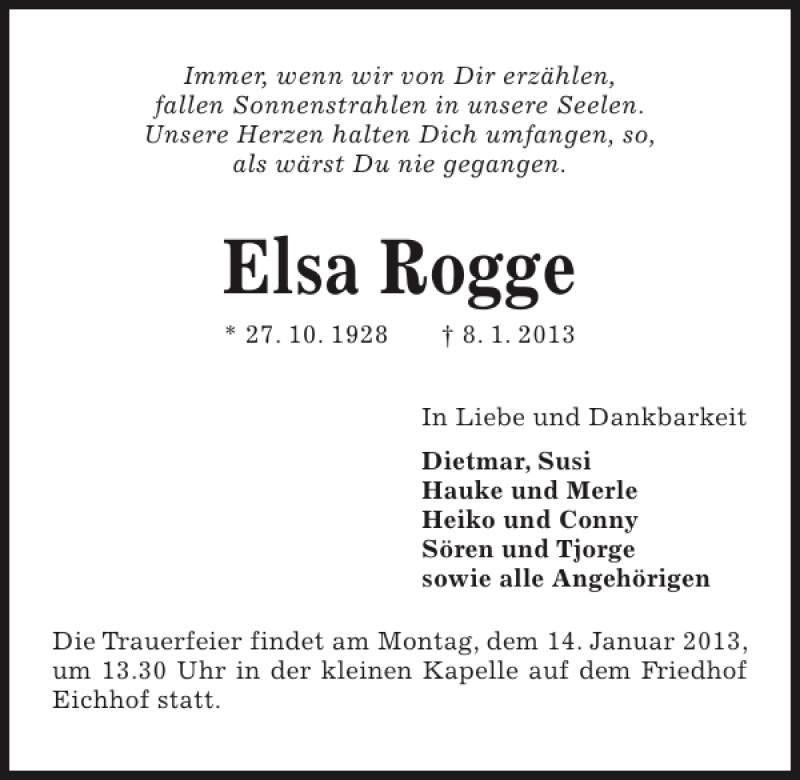  Traueranzeige für Elsa Rogge vom 12.01.2013 aus Kieler Nachrichten / Segeberger Zeitung