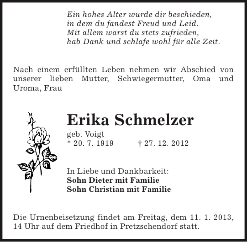  Traueranzeige für Erika Schmelzer vom 03.01.2013 aus Sächsische Zeitung