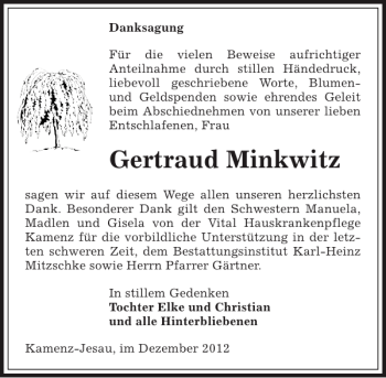 Traueranzeige von Gertraud Minkwitz von Sächsische Zeitung