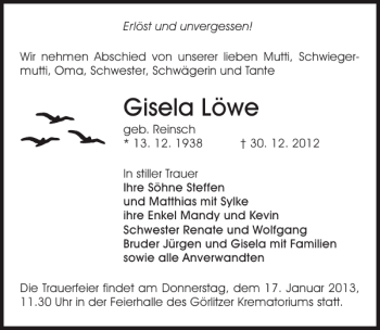 Traueranzeige von Gisela Löwe von Sächsische Zeitung
