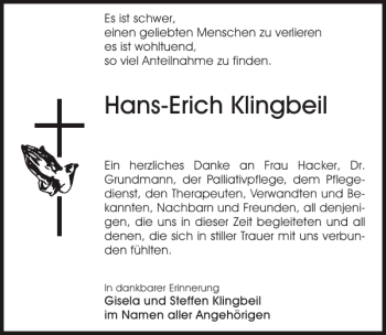 Traueranzeige von Hans-Erich Klingbeil von Sächsische Zeitung