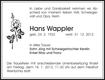 Traueranzeige von Hans Wappler von Sächsische Zeitung