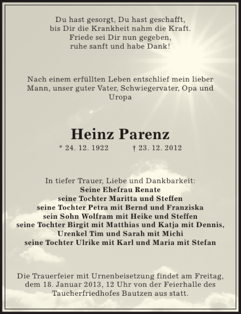  Traueranzeige für Heinz Parenz vom 11.01.2013 aus Sächsische Zeitung