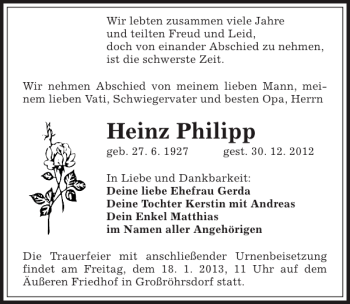 Traueranzeige von Heinz Philipp von Sächsische Zeitung