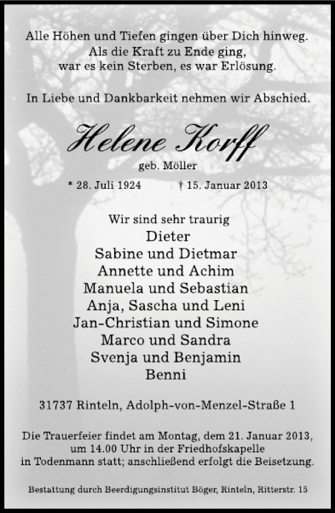  Traueranzeige für Helene Korff vom 19.01.2013 aus Schaumburger Nachrichten