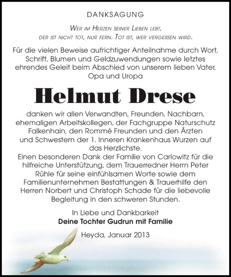  Traueranzeige für Helmut Drese vom 12.01.2013 aus Leipziger Volkszeitung
