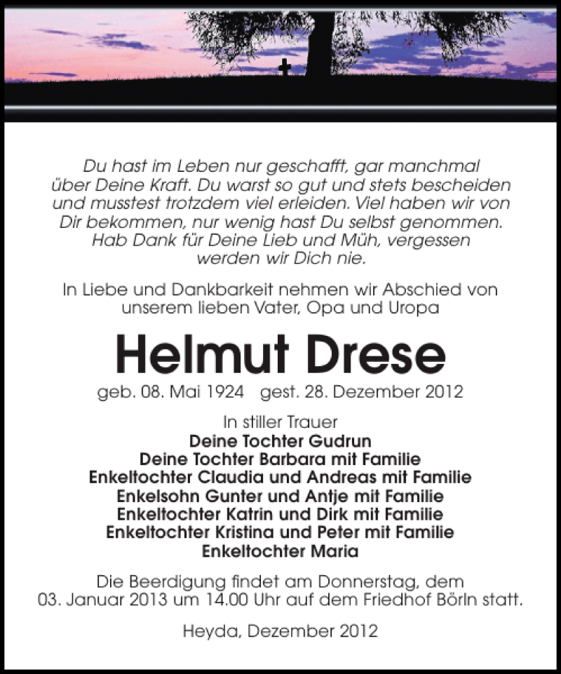  Traueranzeige für Helmut Drese vom 02.01.2013 aus Leipziger Volkszeitung