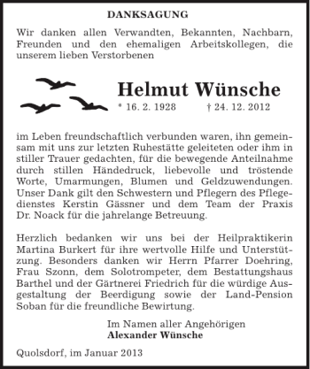 Traueranzeige von Helmut Wünsche von Sächsische Zeitung
