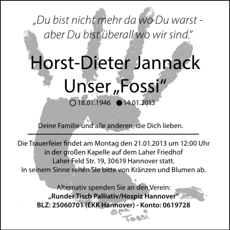  Traueranzeige für Horst-Dieter Jannack vom 19.01.2013 aus HAZ/NP